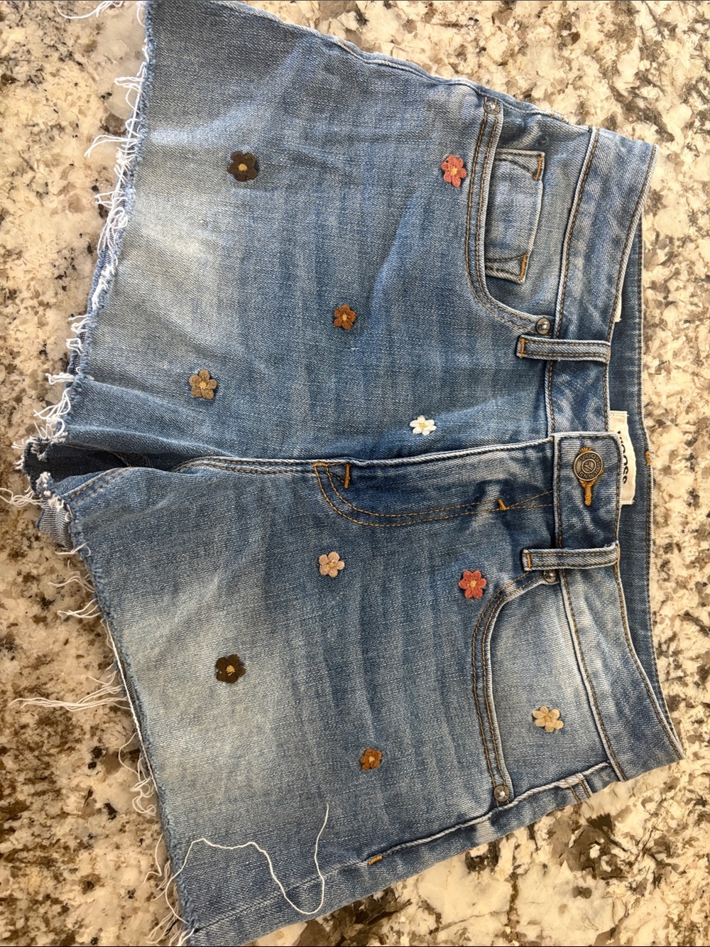 Vigoss Light Blue Denim Jean Shorts with Embroidered Floral Accents